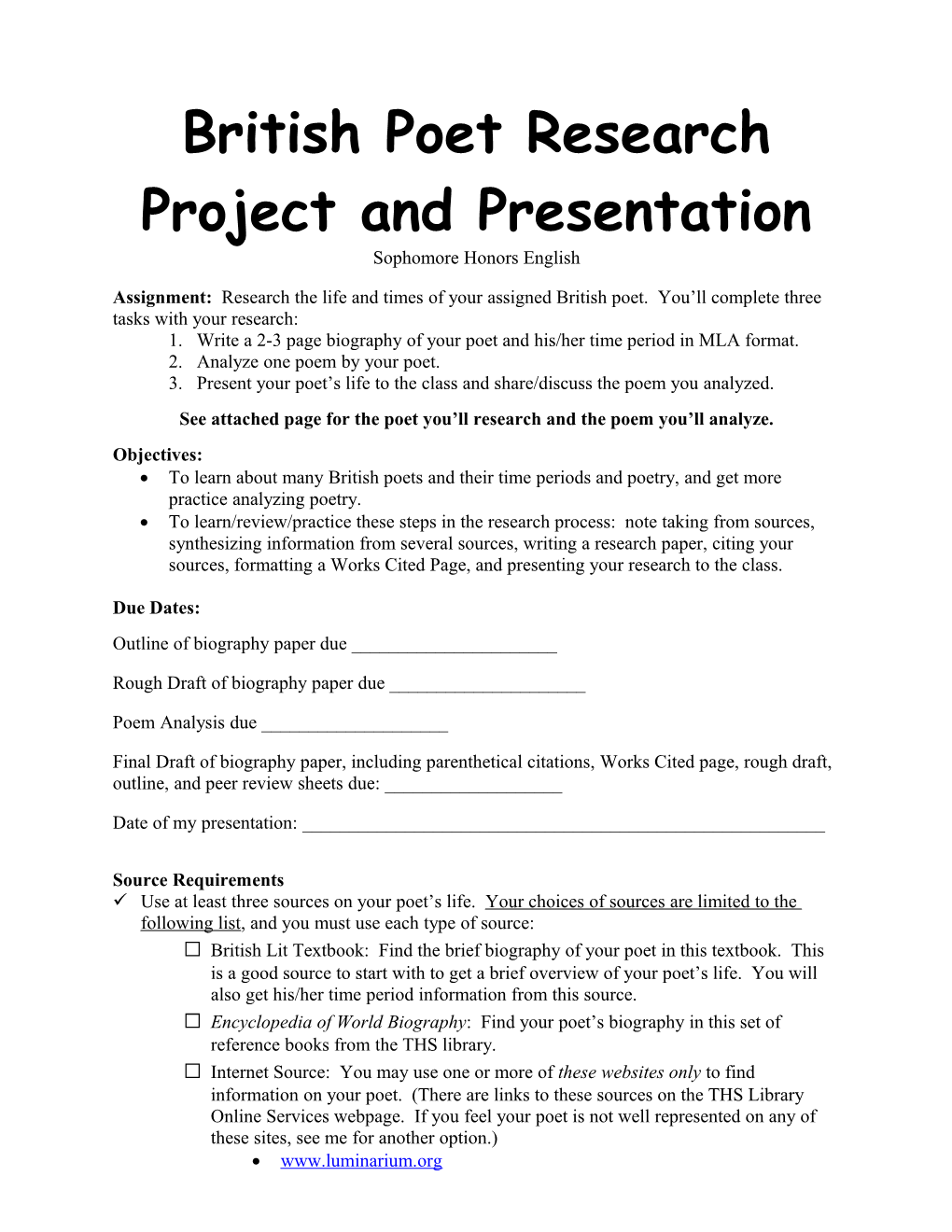 British Poet Research Project and Presentation