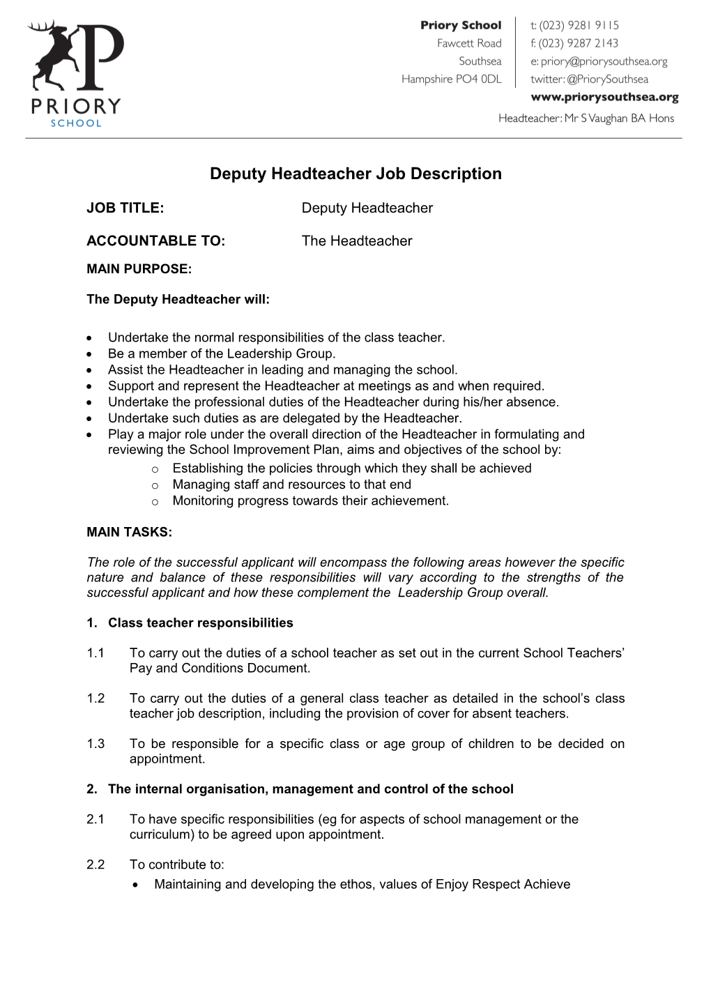 Annex 2: Deputy Headteacher Job Description