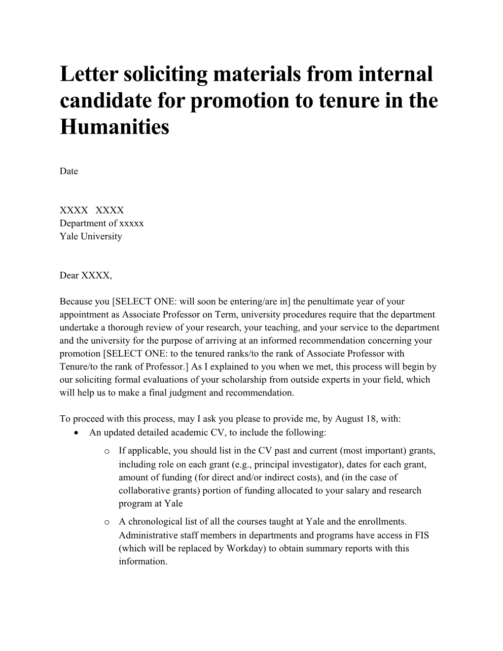 Letter Soliciting Materials from Internal Candidate for Promotion to Tenure in the Humanities