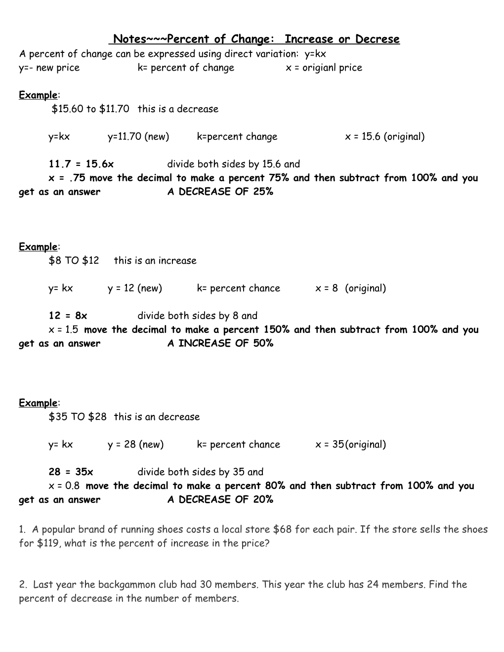 Notes Percent of Change: Increase Or Decrese