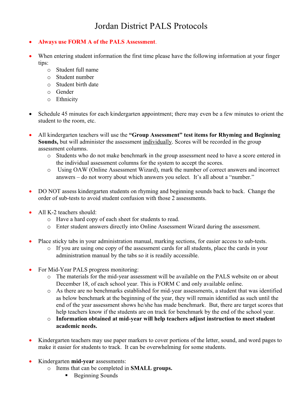 Jordan District PALS Protocols