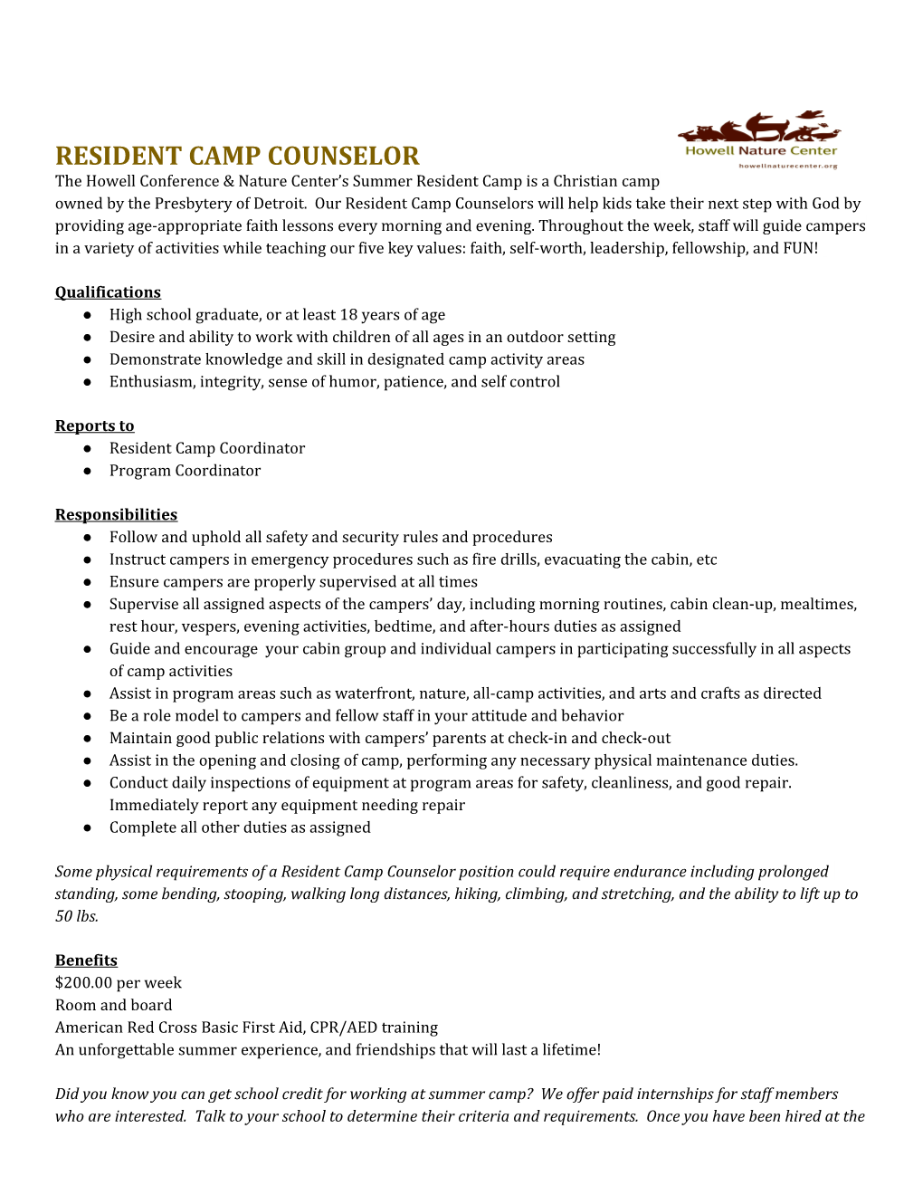 Resident Camp Counselor Description