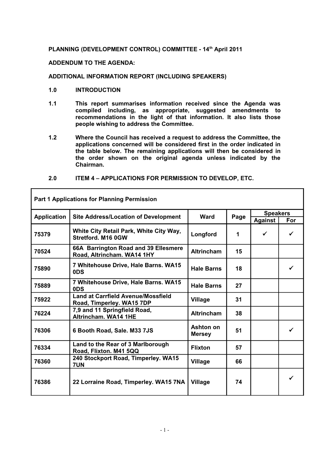 PDC Agenda Item 3 - Additional Information Report - 14/04/11