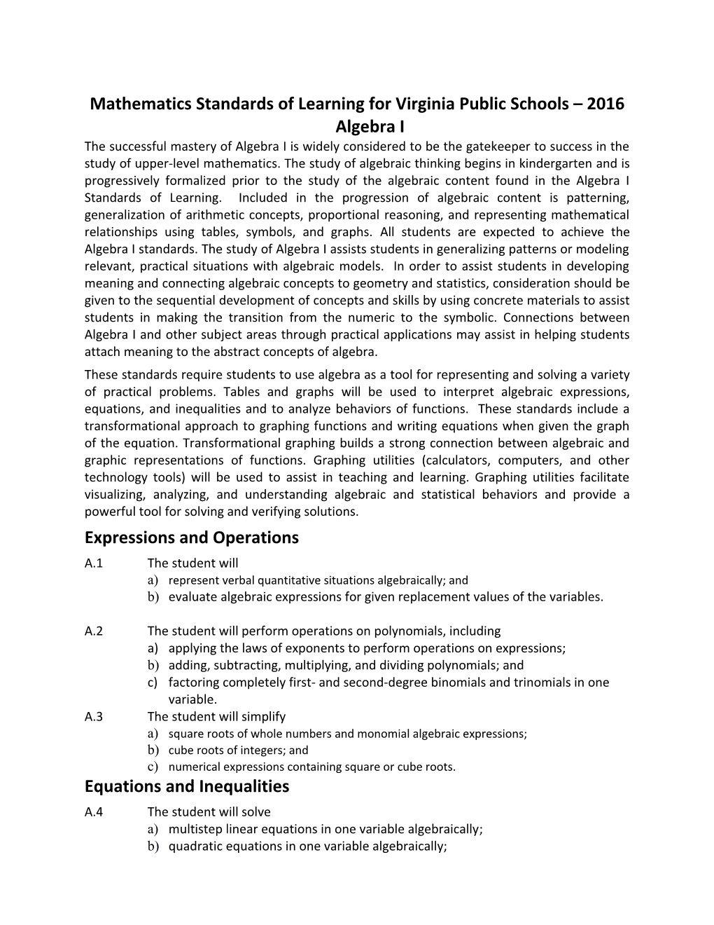 Mathematics Standards of Learning for Virginia Public Schools 2016 Algebra I