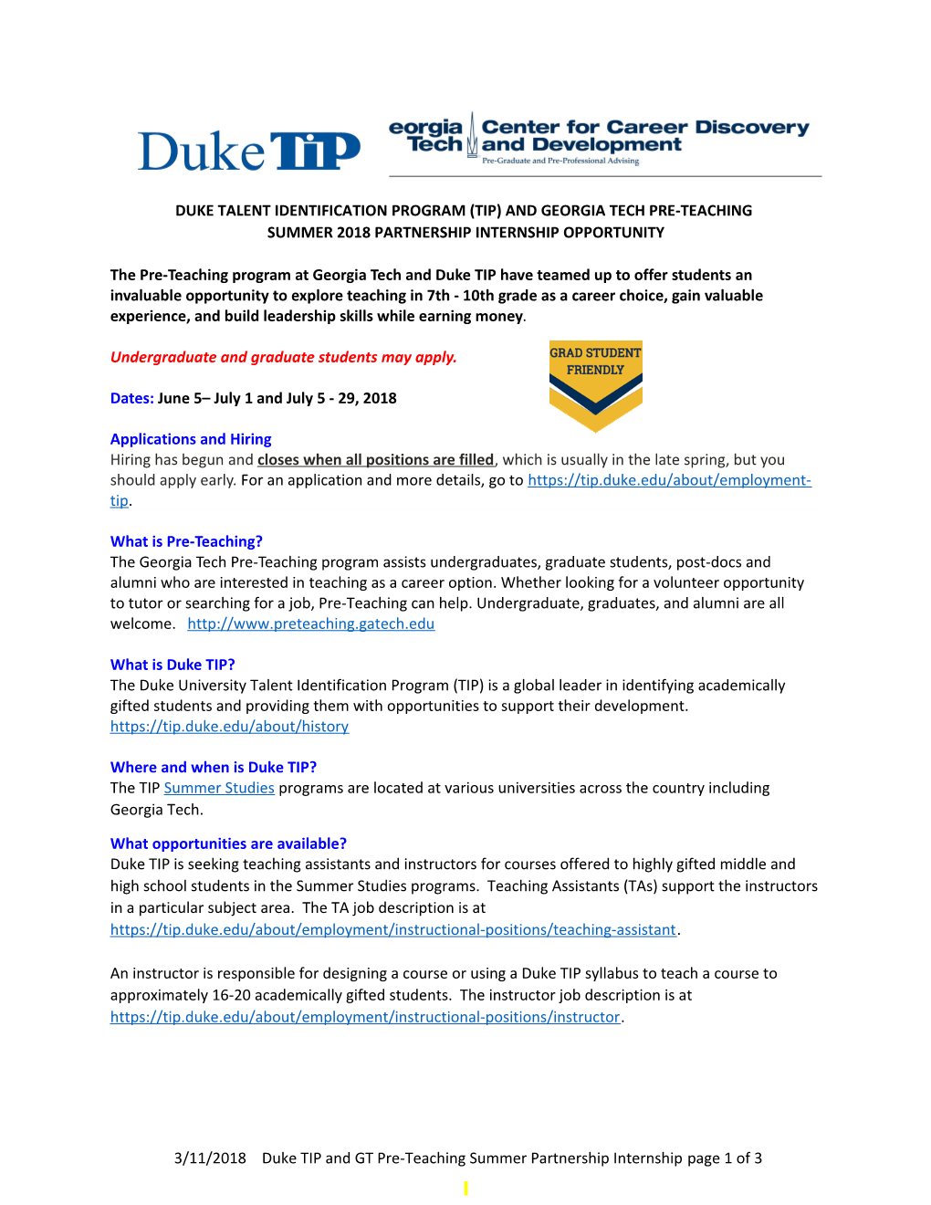 Duke Talent Identification Program (Tip) and Georgia Tech Pre-Teaching