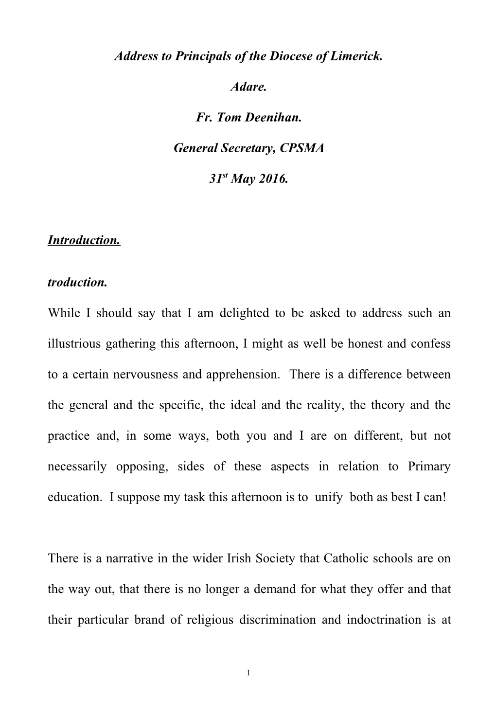 Address to Principals of the Diocese of Limerick