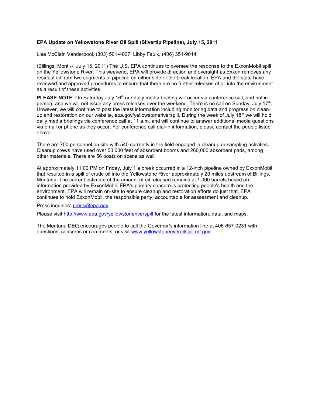 EPA Update on Yellowstone River Oil Spill (Silvertip Pipeline), July 15, 2011