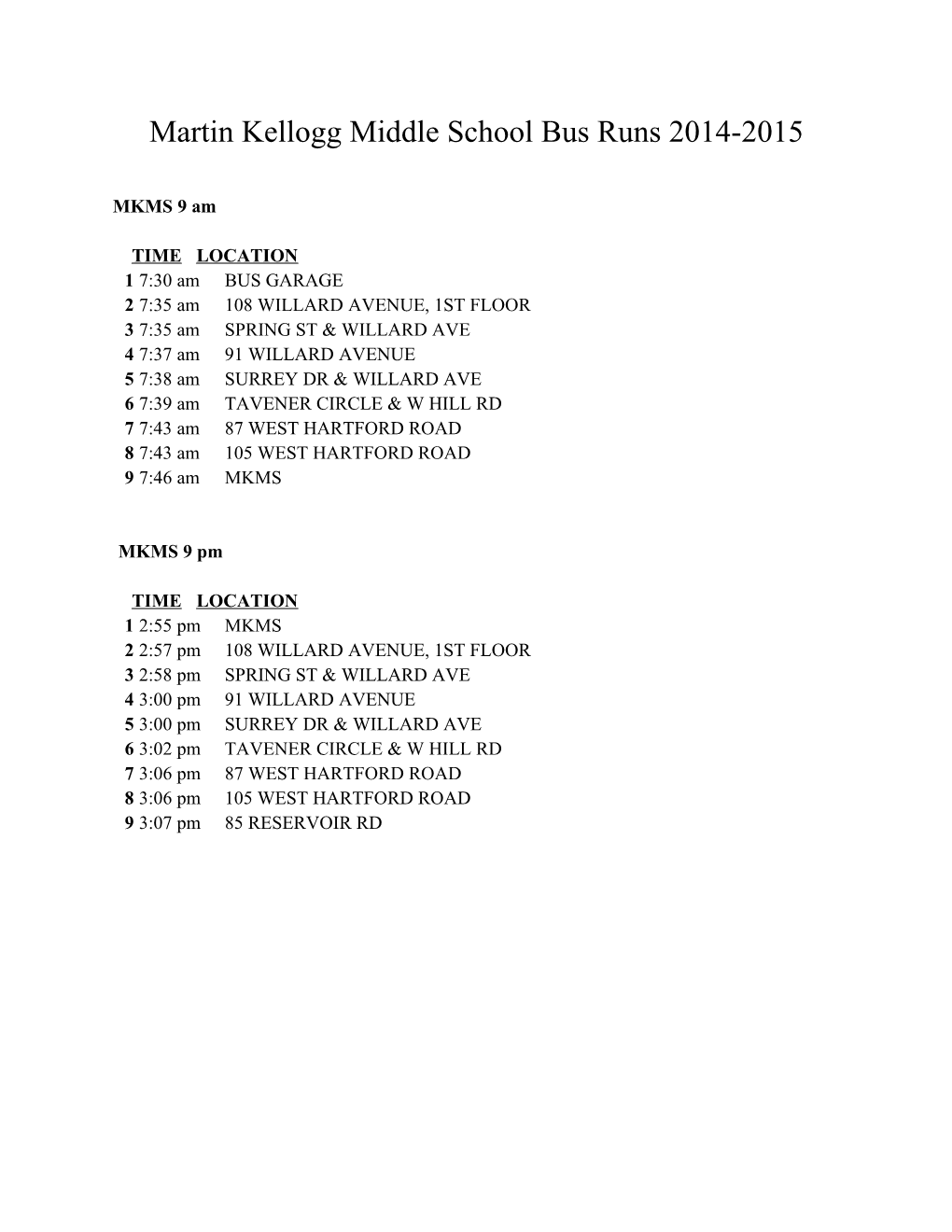 Martin Kellogg Middle School Bus Runs 2014-2015