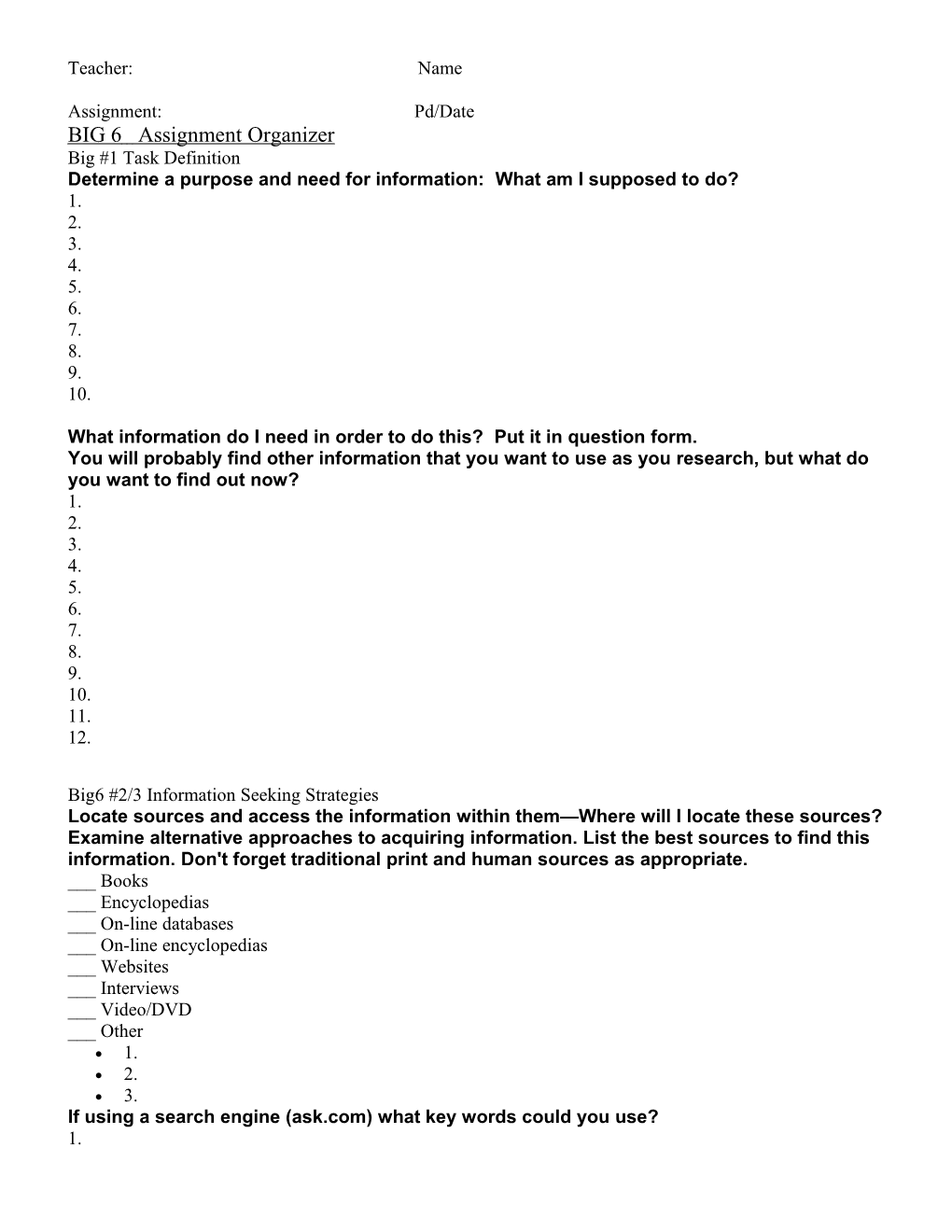 BIG 6 Assignment Organizer