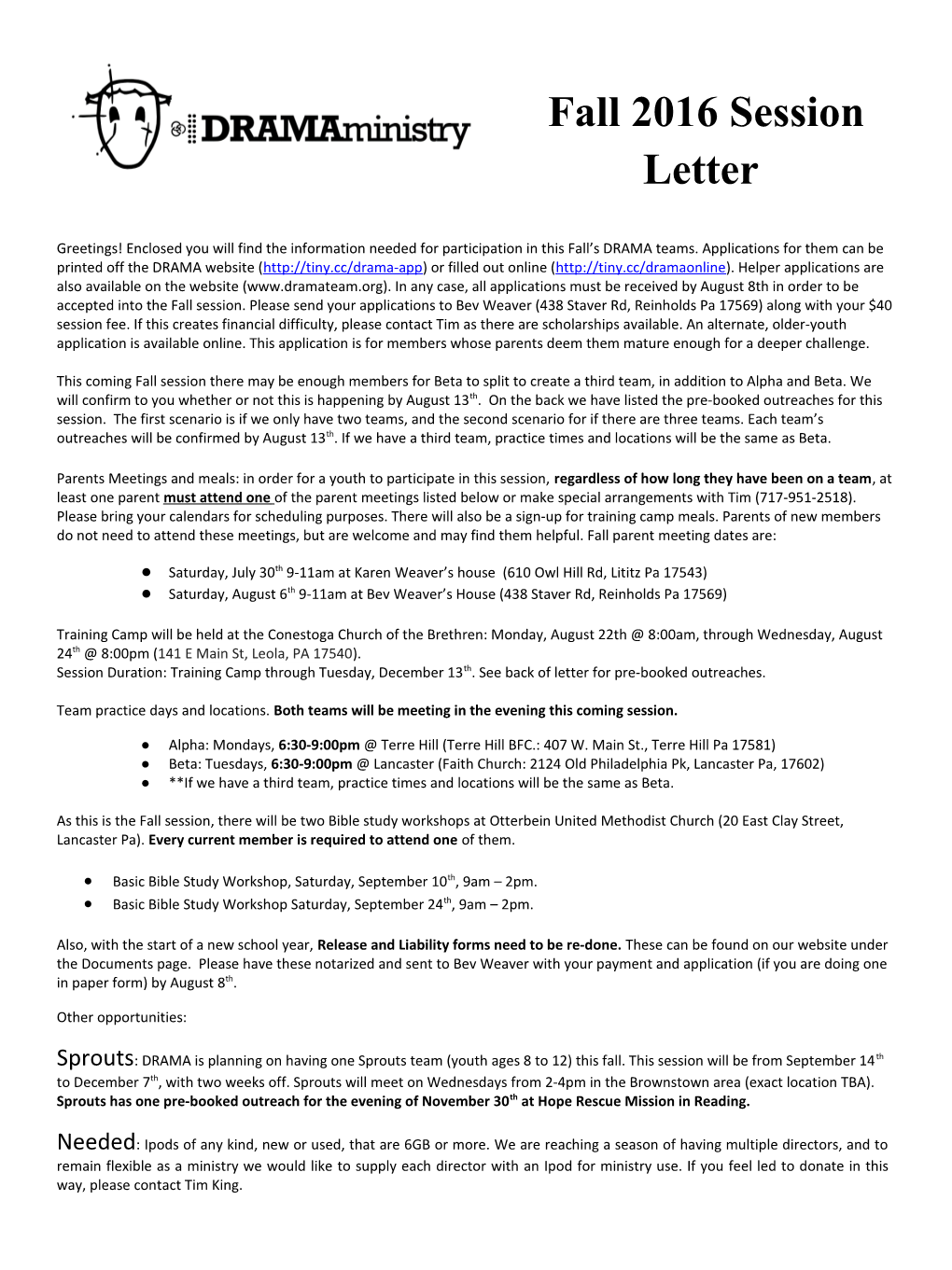 Fall 2016 Session Letter