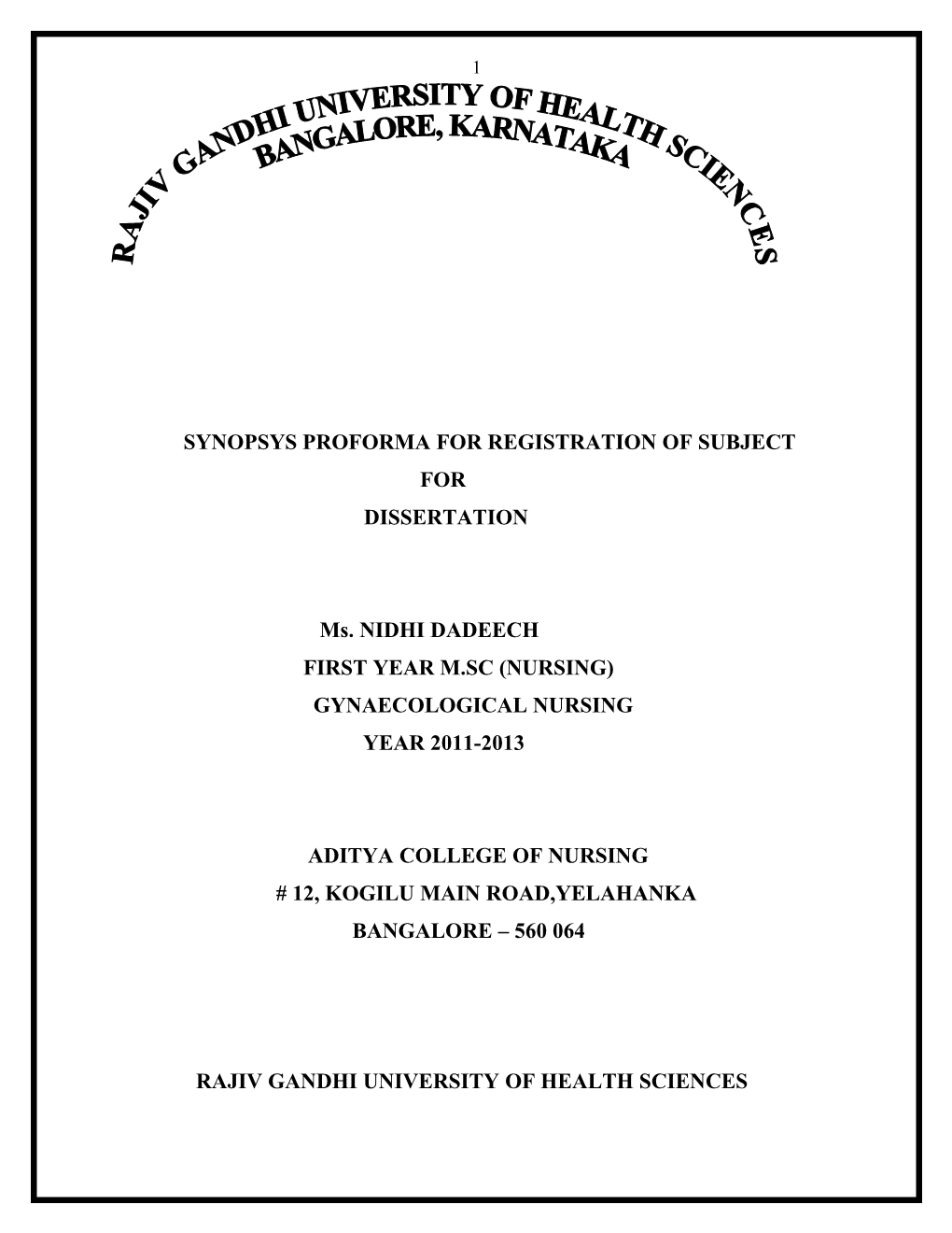 Synopsys Proforma for Registration of Subject For