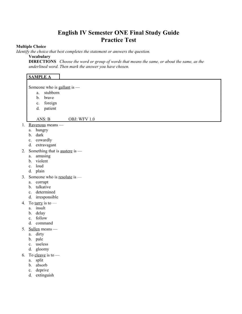 English IV Semester ONE Final Study Guide