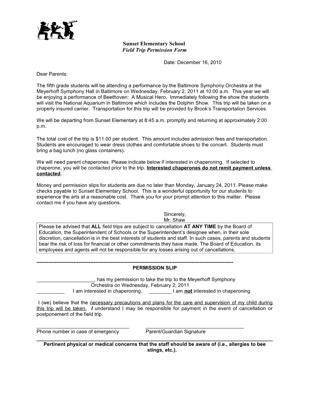 Letters and Forms for Field Trips Within