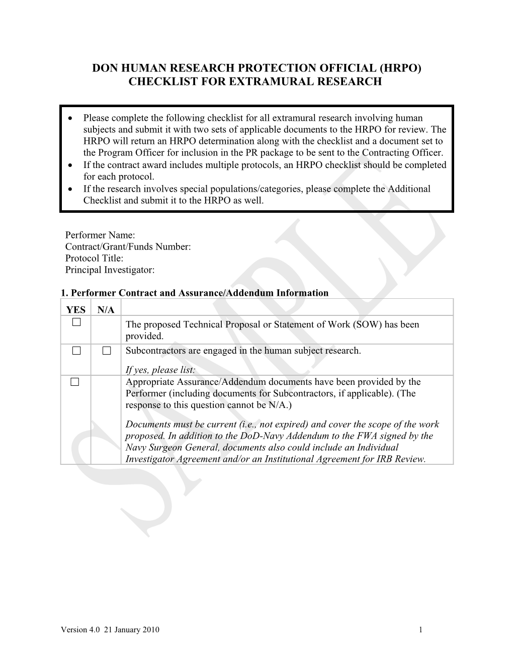 DON Human Research Protection Official (HRPO)Checklist for EXTRAMURAL RESEARCH