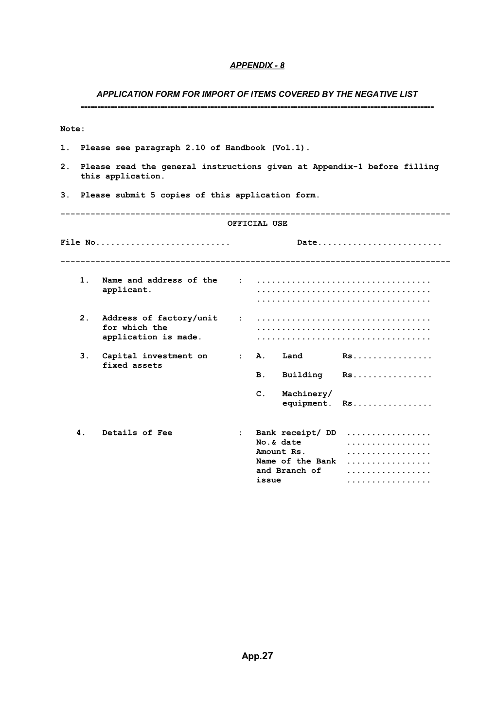 Application Form for Import of Items Covered by the Negative List