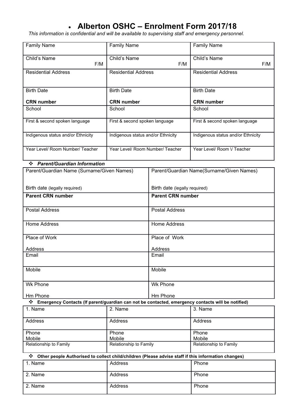 GRANGE OSHC Enrolment Form 2010