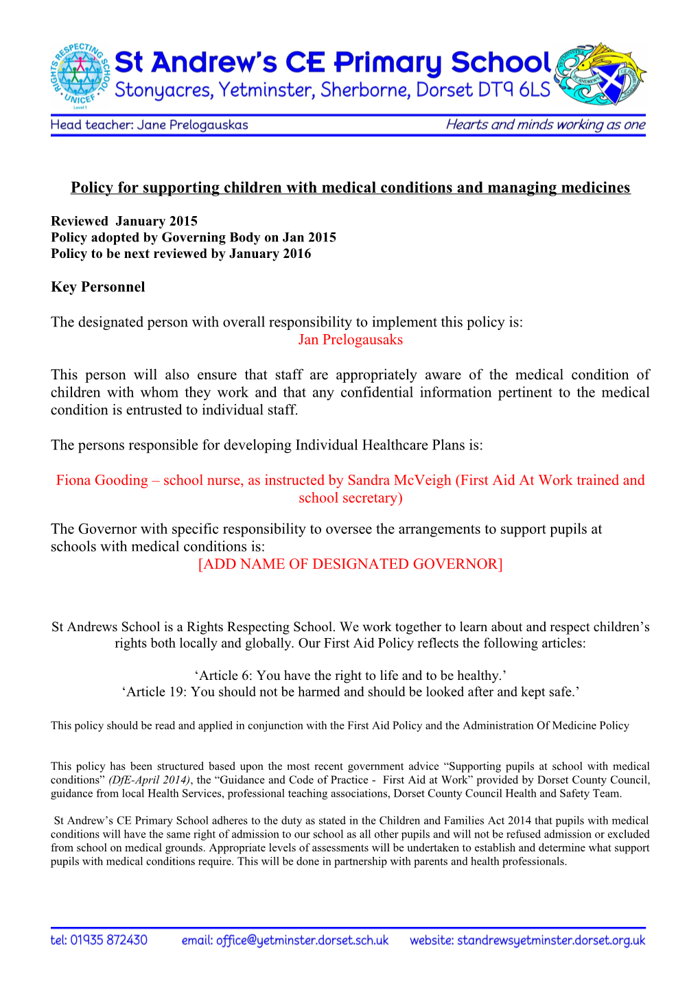 Policy for Supporting Children with Medical Conditions and Managing Medicines