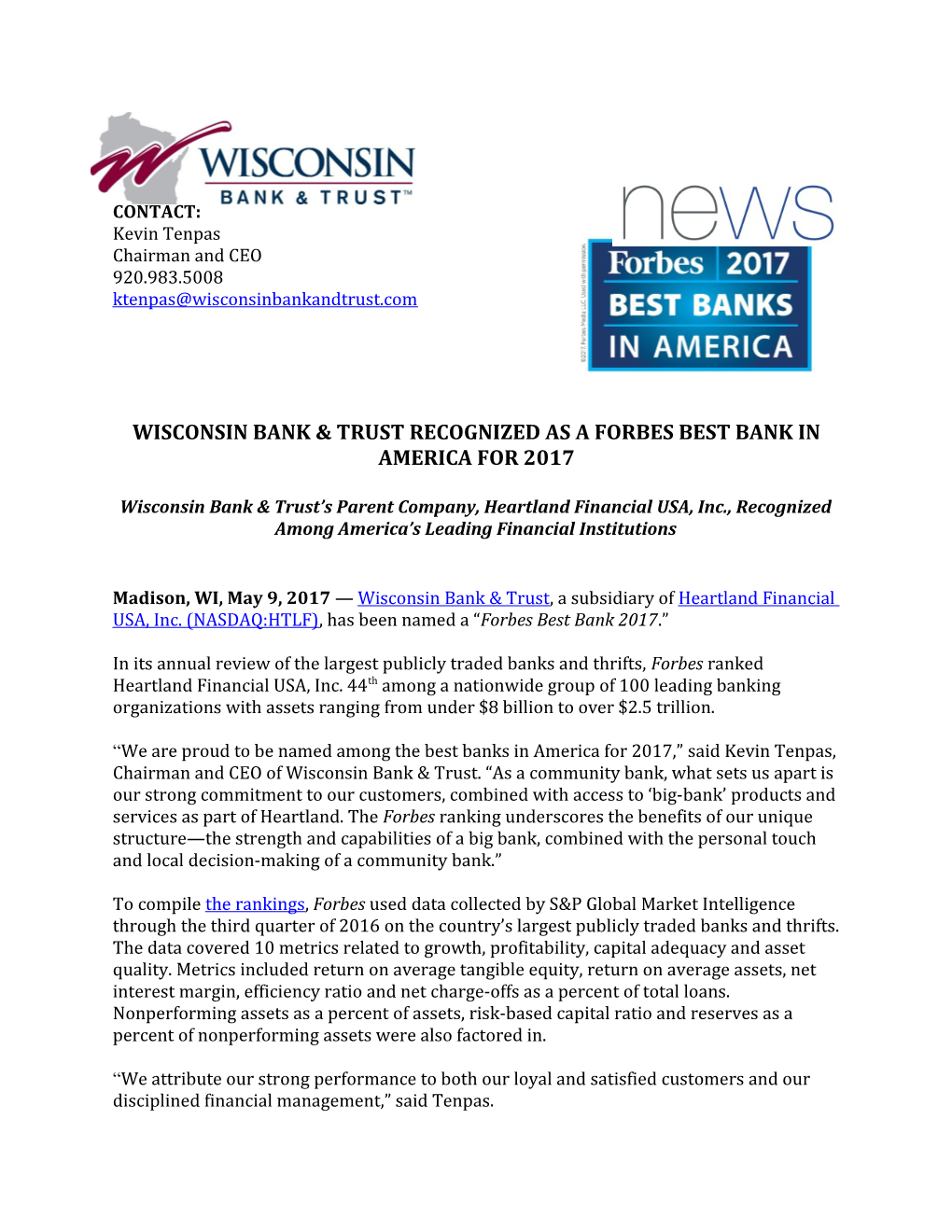 Wisconsin Bank & Trust Recognized As a Forbes Best Bank in America for 2017