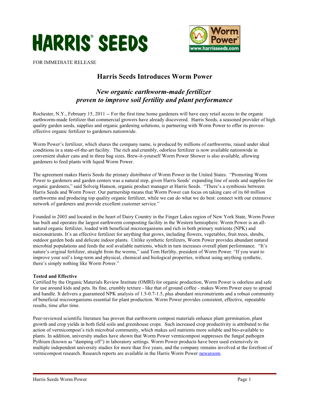 Harris Seeds Introduces Worm Power
