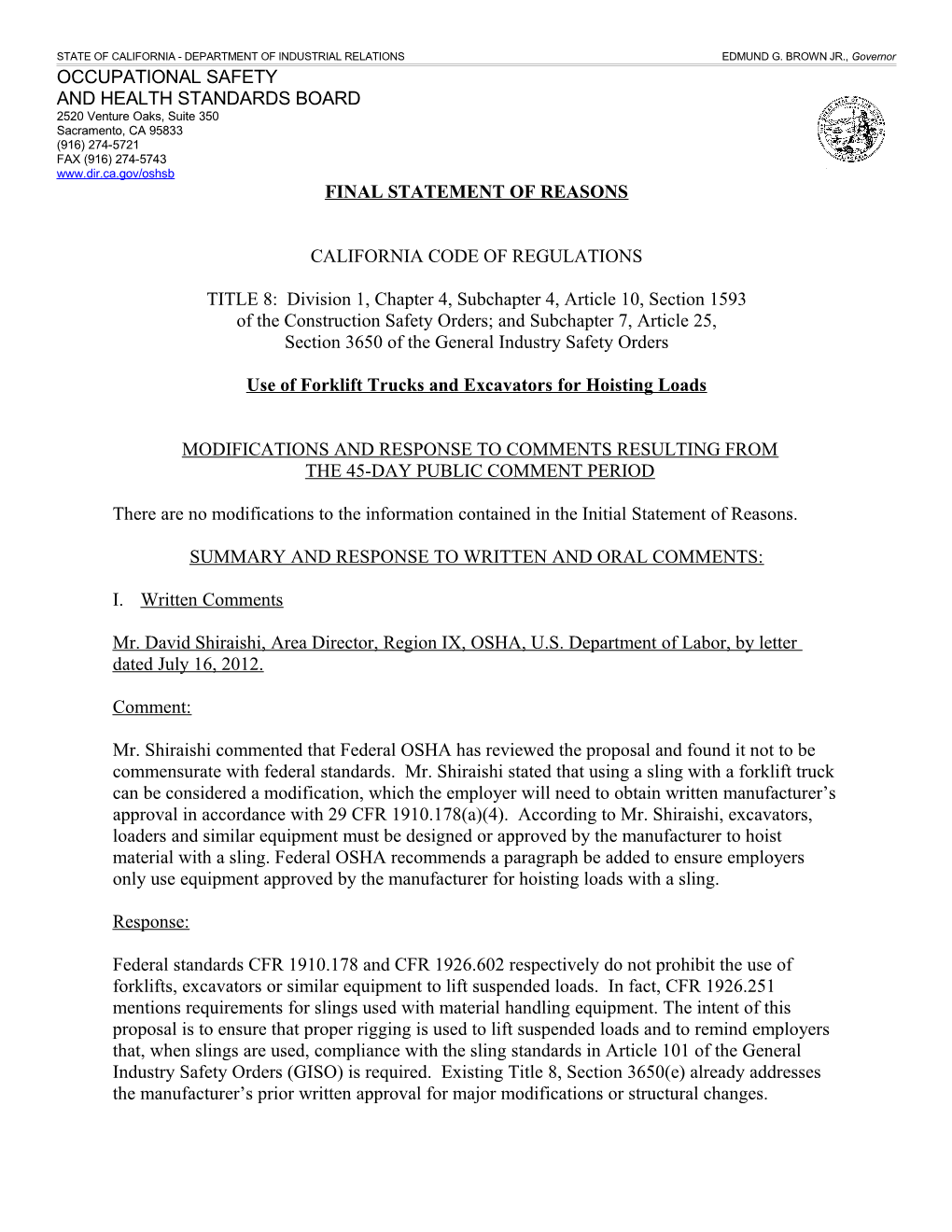 STATE of CALIFORNIA - DEPARTMENT of INDUSTRIAL RELATIONSEDMUND G. BROWN JR., Governor