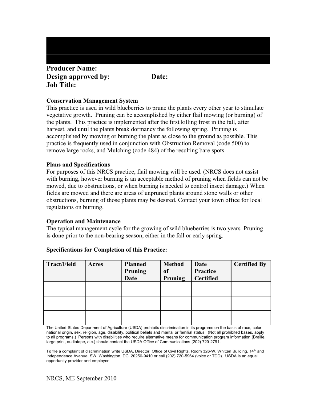 Maine Job Sheet for Wild Blueberry Conservation Practices Brush Management Code 314