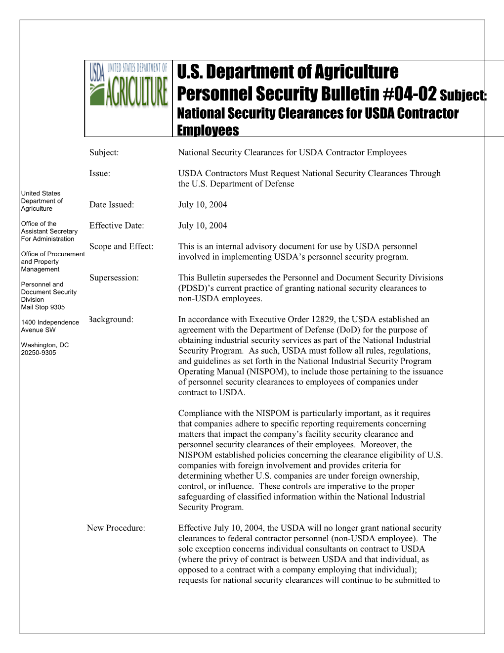 USDA Personnel Security Bulletin #04-02