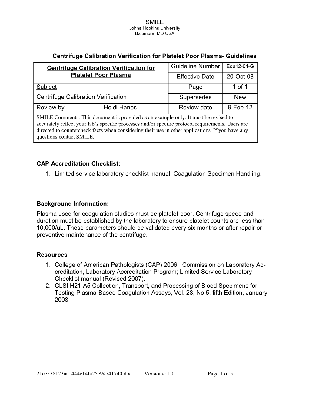 Centrifuge Calibration Verification for Platelet Poor Plasma- Guidelines