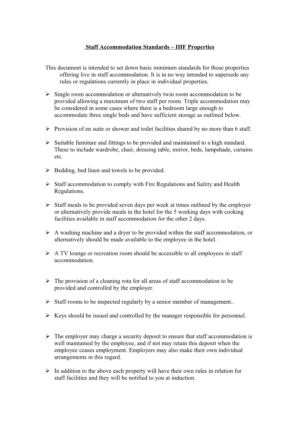 Draft Staff Accommodation Standards IHF Properties