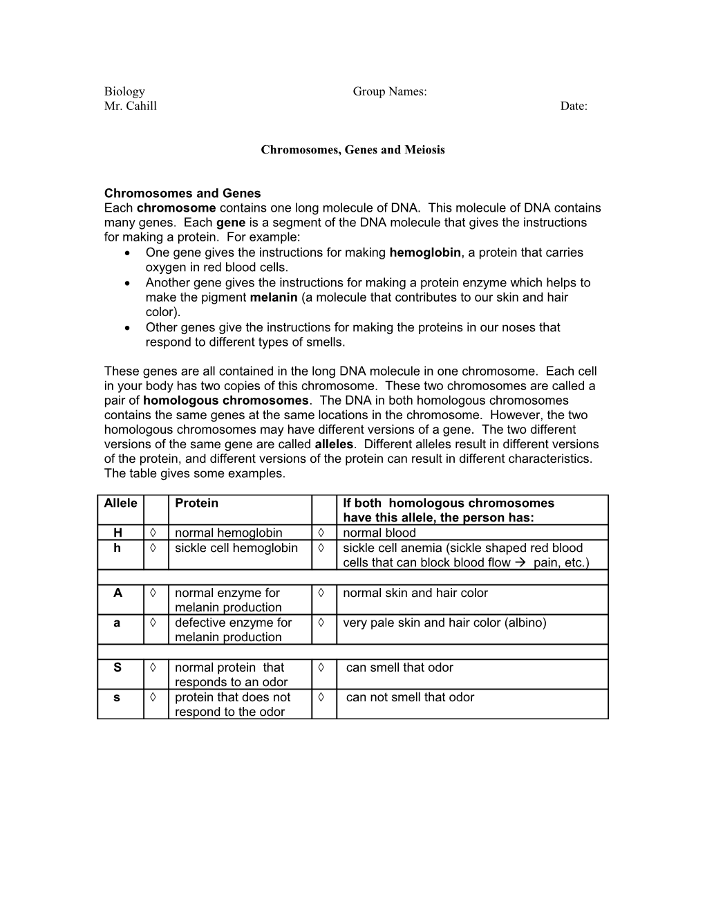 Chromosomes, Genes and Meiosis