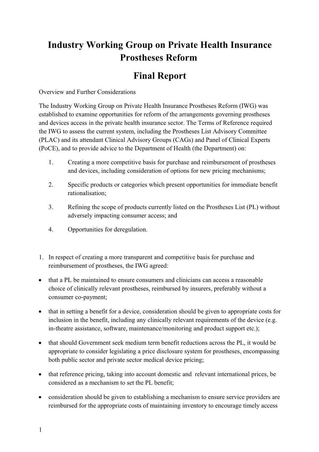 Industry Working Group on Private Health Insurance Prostheses Reform