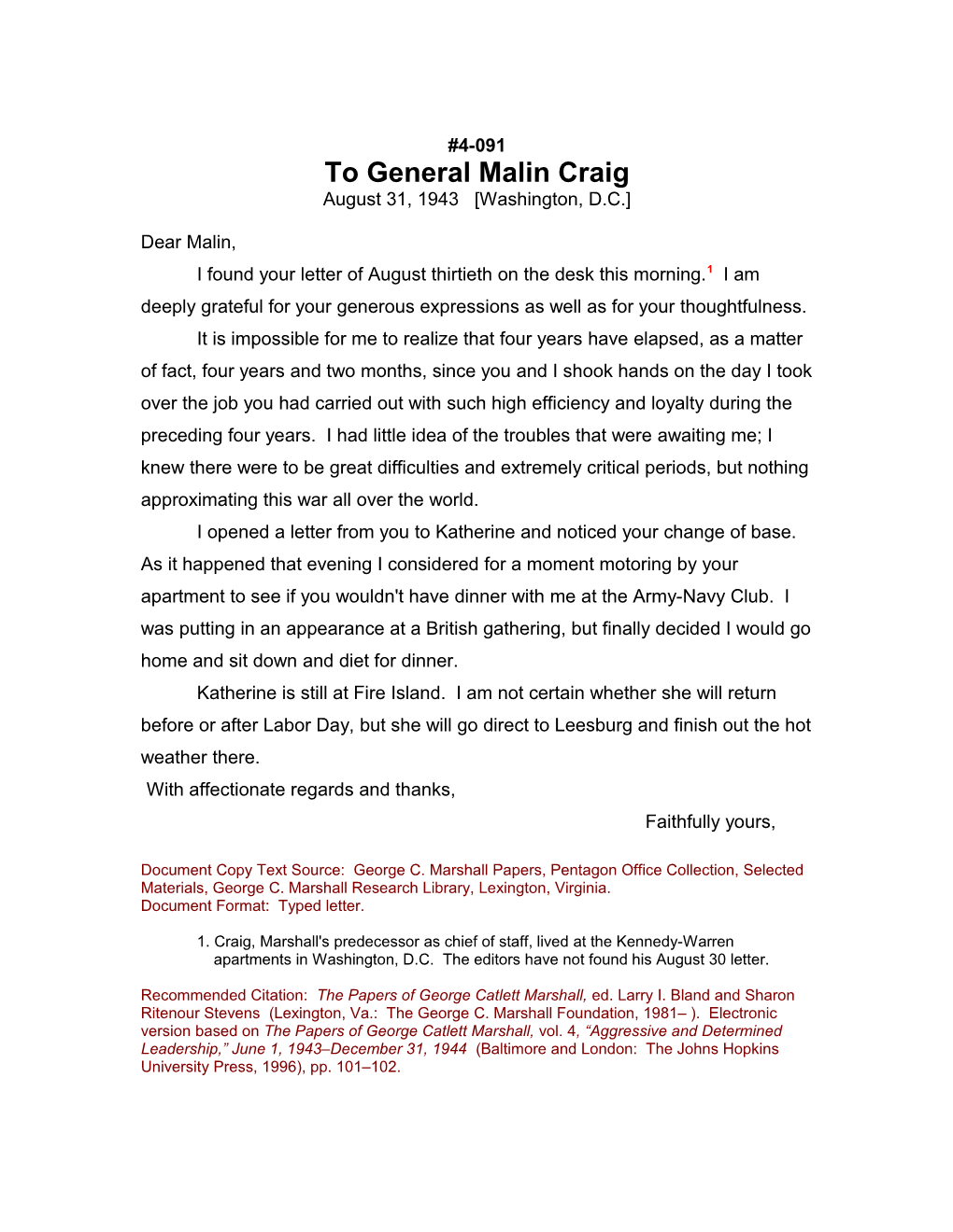 To General Malin Craig