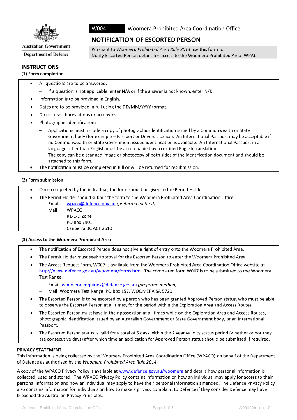 INSTRUCTIONS (1) Form Completion