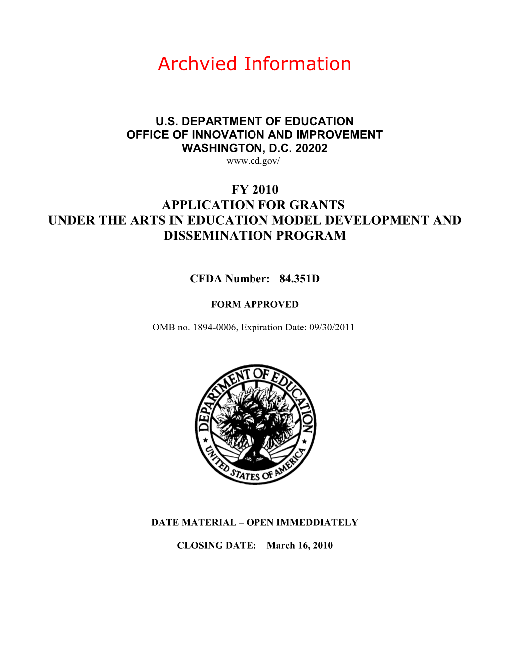 Archived: Arts Model and Dissemination Grant Application FY2010 Package (MS Word)