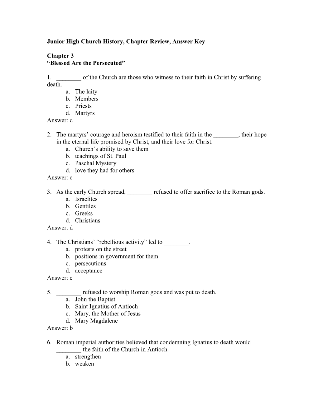 Junior High Church History, Chapter Review, Answer Key s1