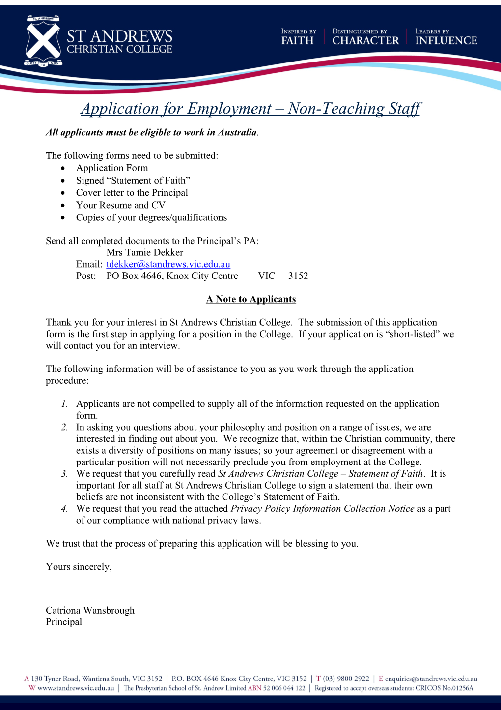 Application for Employment Non-Teaching Staff