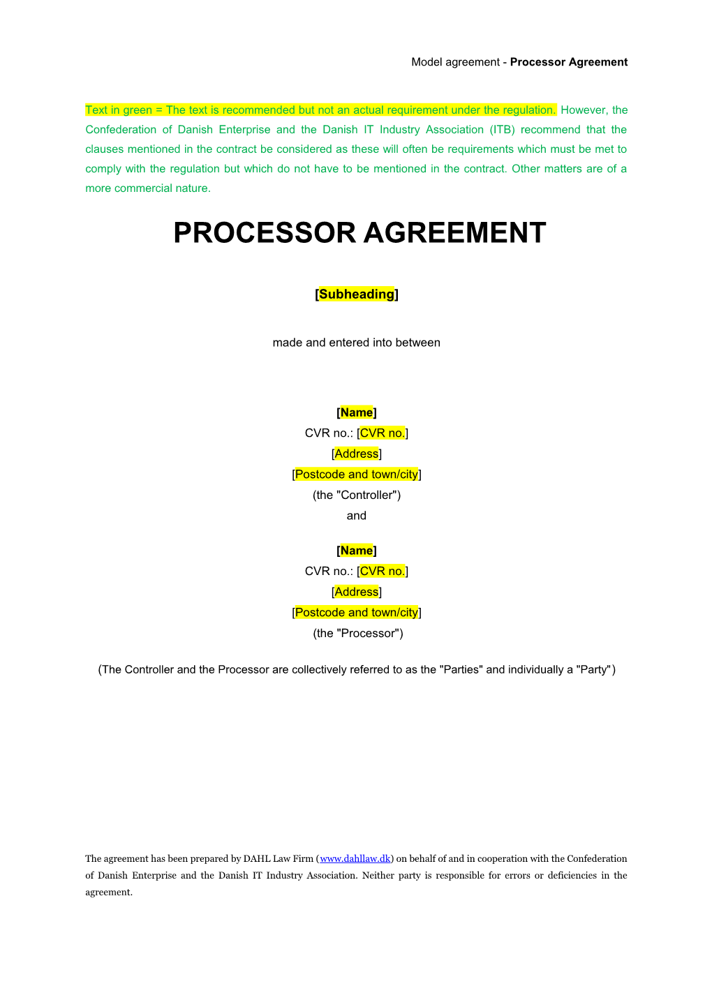 Model Agreement - Processor Agreement