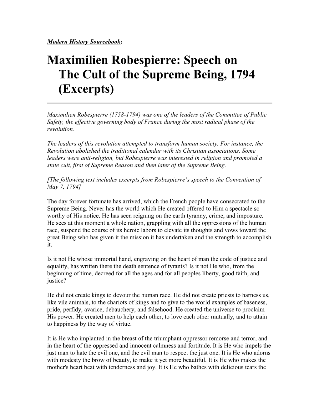 Maximilien Robespierre: Speech Onthe Cult of the Supreme Being, 1794 (Excerpts)
