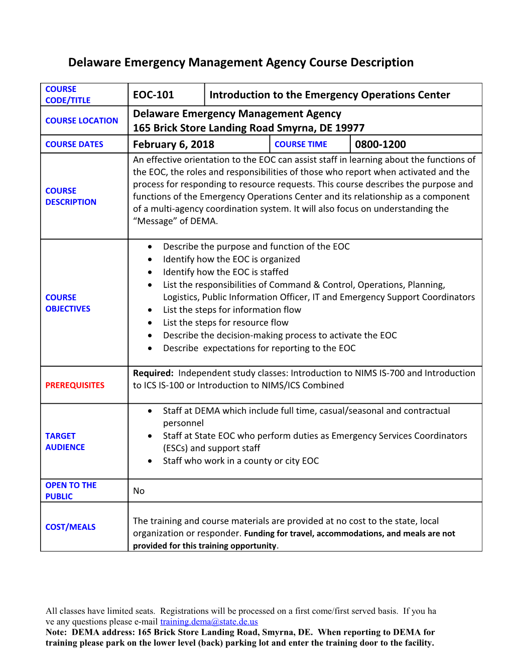 Delaware Emergency Management Agency Course Description