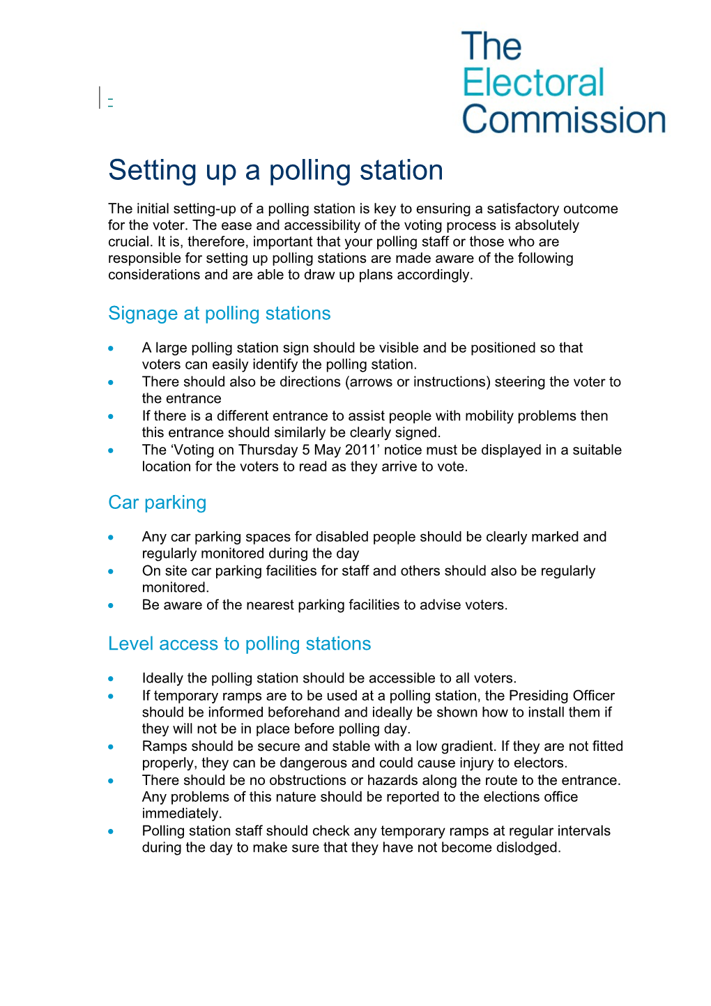 Accessibility Checklist for Polling Day Setting up a Polling