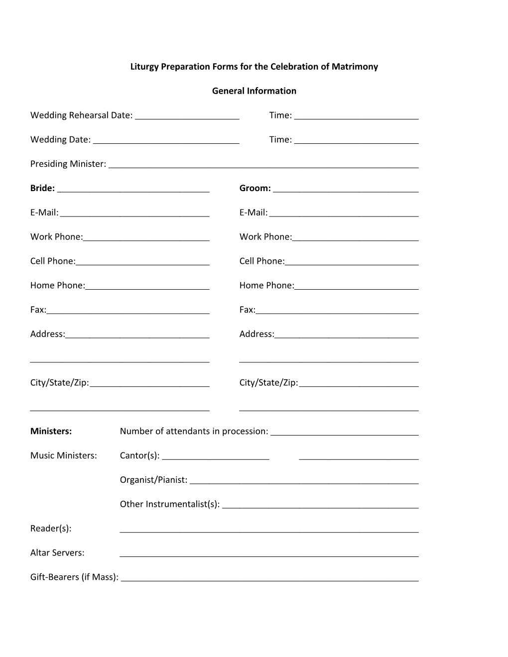 Liturgy Preparation Forms for the Celebration of Matrimony