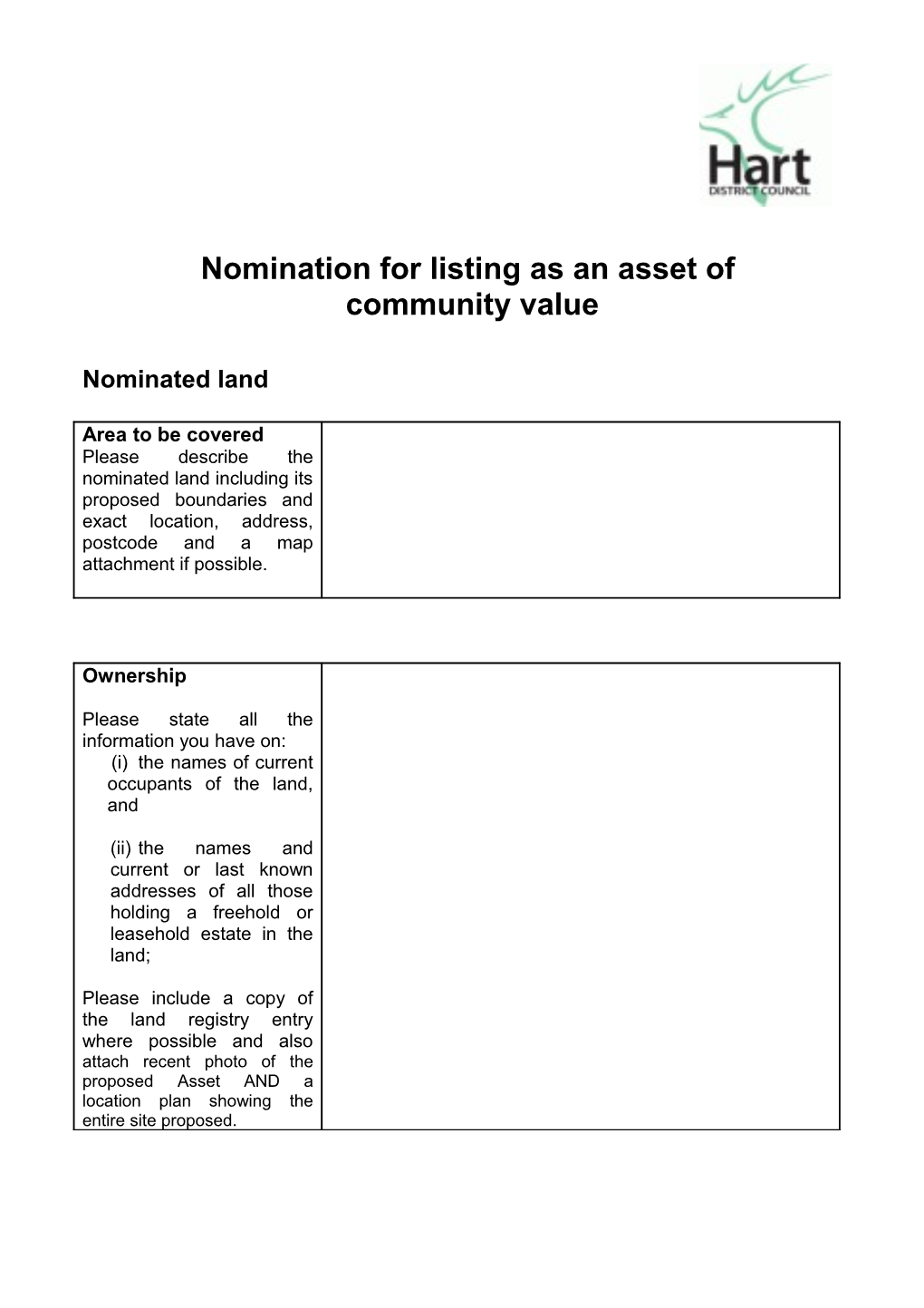 Nomination for Listing As an Asset Of
