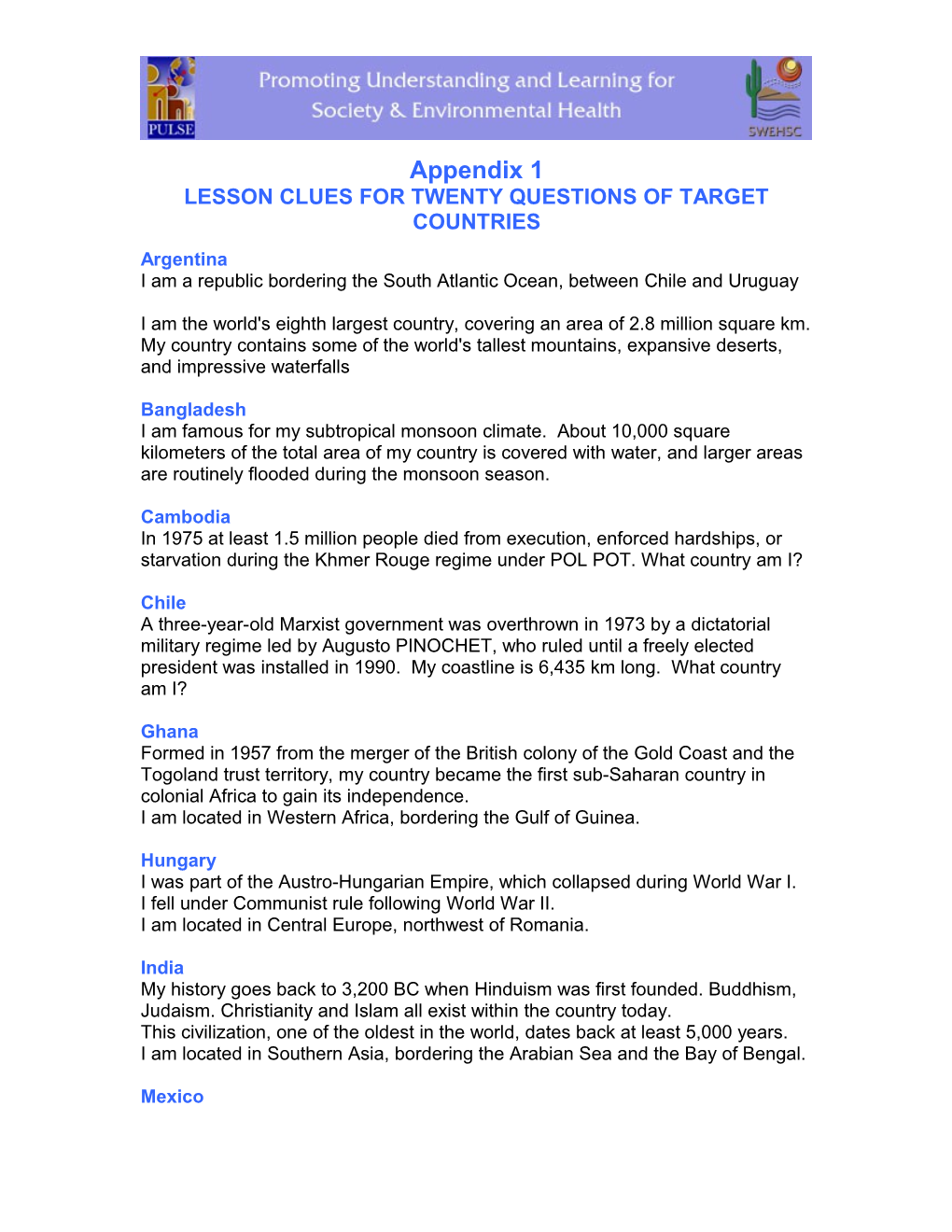 Appendix 1: LESSON CLUES for TWENTY QUESTIONS of TARGET COUNTRIES