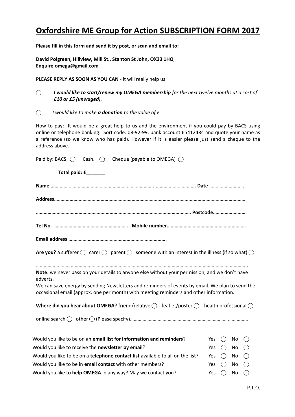 (Oxfordshire ME Group for Action) SUBSCRIPTION FORM 2016