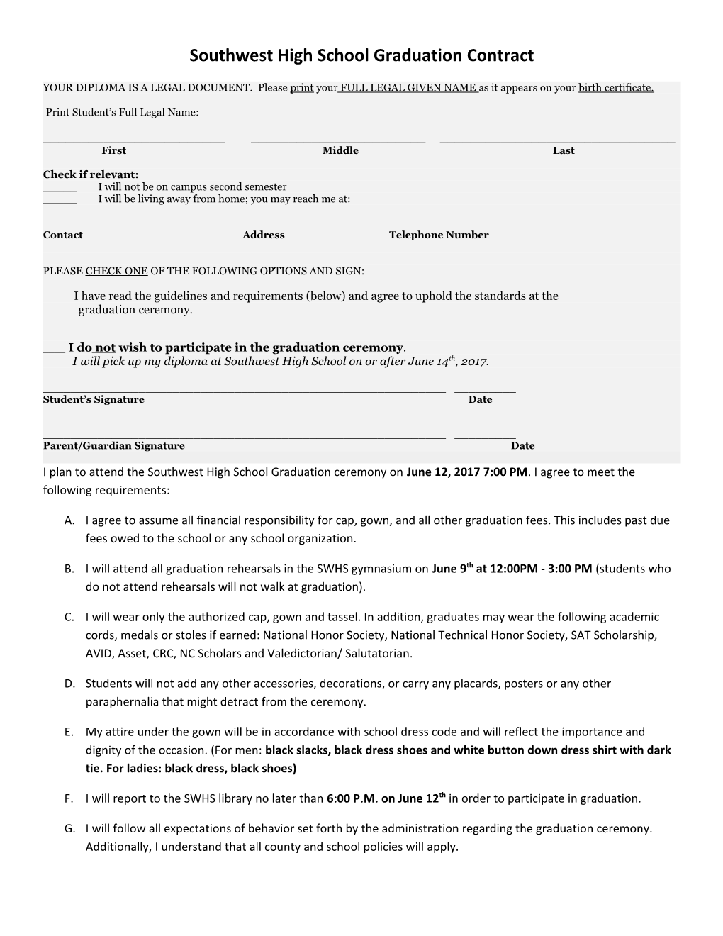 Southwest High School Graduation Contract