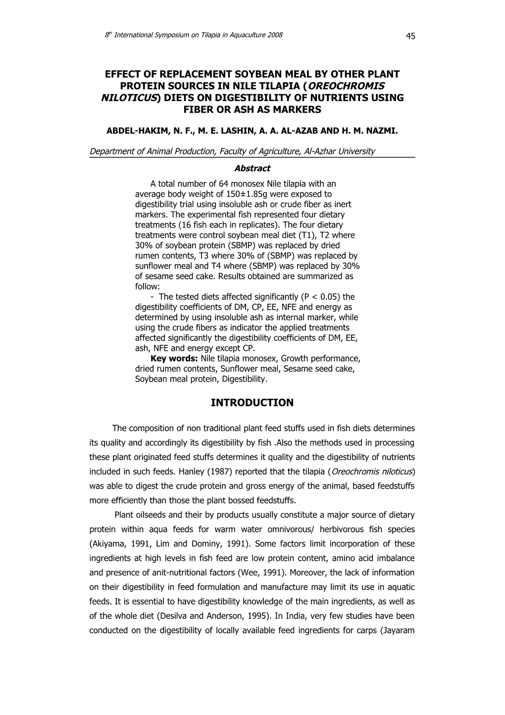 An Meal by Other Plant Protein Sources in Nile Tilapia(Oreochromis Niloticus) Diets On