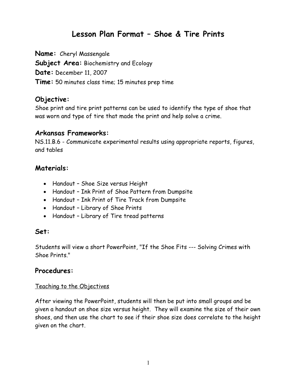 Lesson Plan Format Shoe & Tire Prints