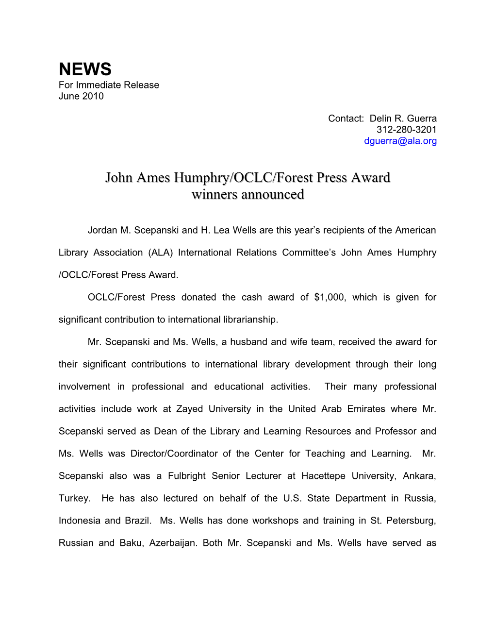 John Ames Humphry/OCLC/Forest Press Award