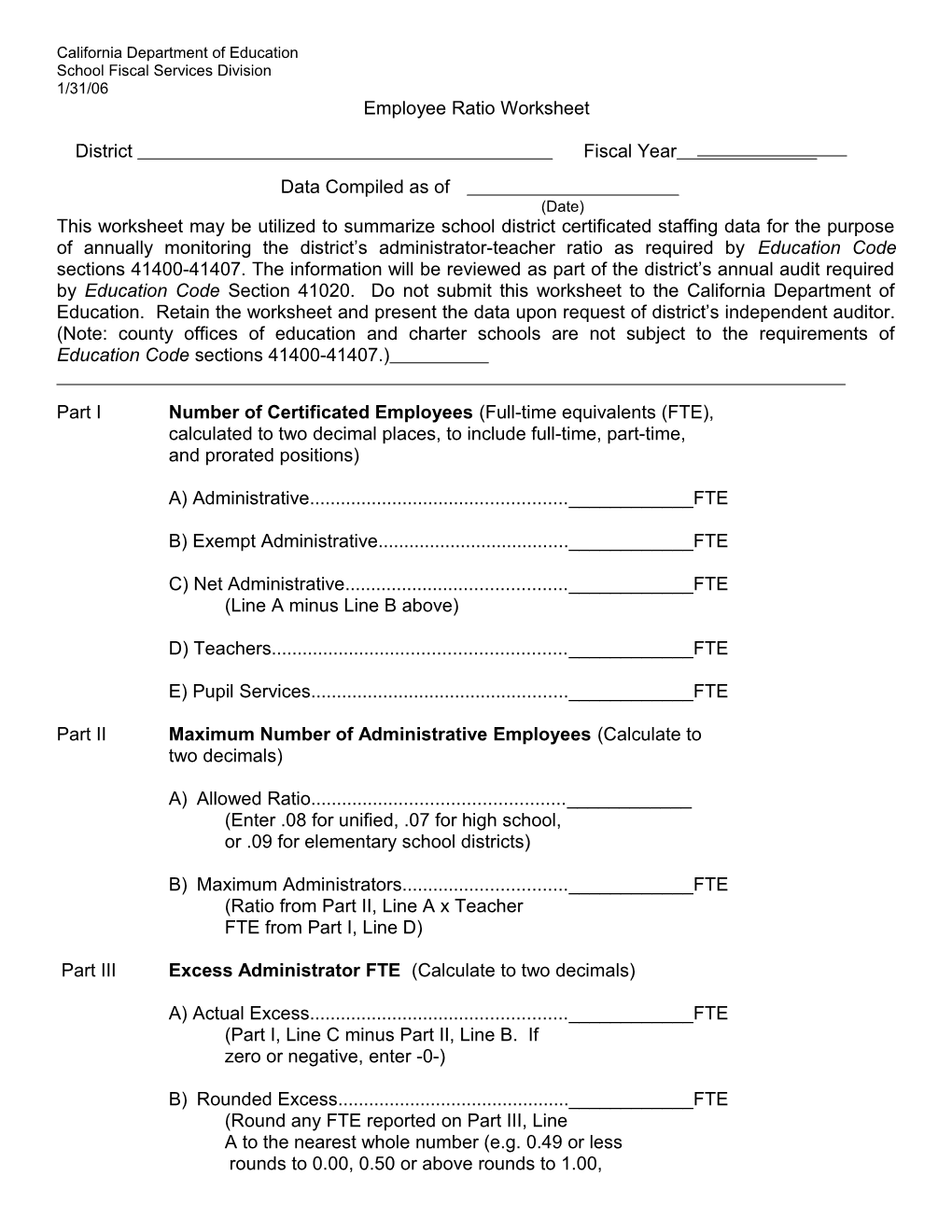 Annual Employee Ratio Worksheet - Categorical Programs (CA Dept of Education)