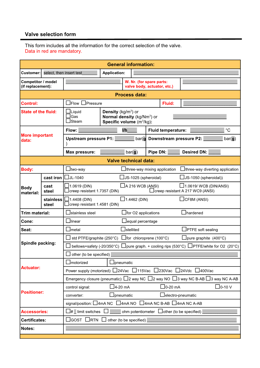 Valve Selection Form