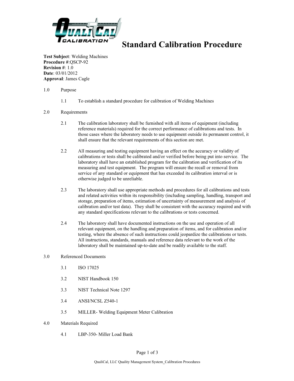 Standard Calibration Procedure